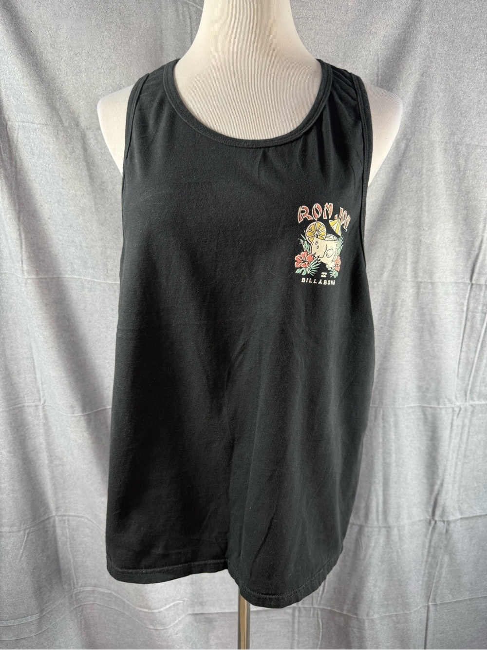 2438-Vintage Ron Jon Billabong Black Tank Top with Small Surf Floral Graphic